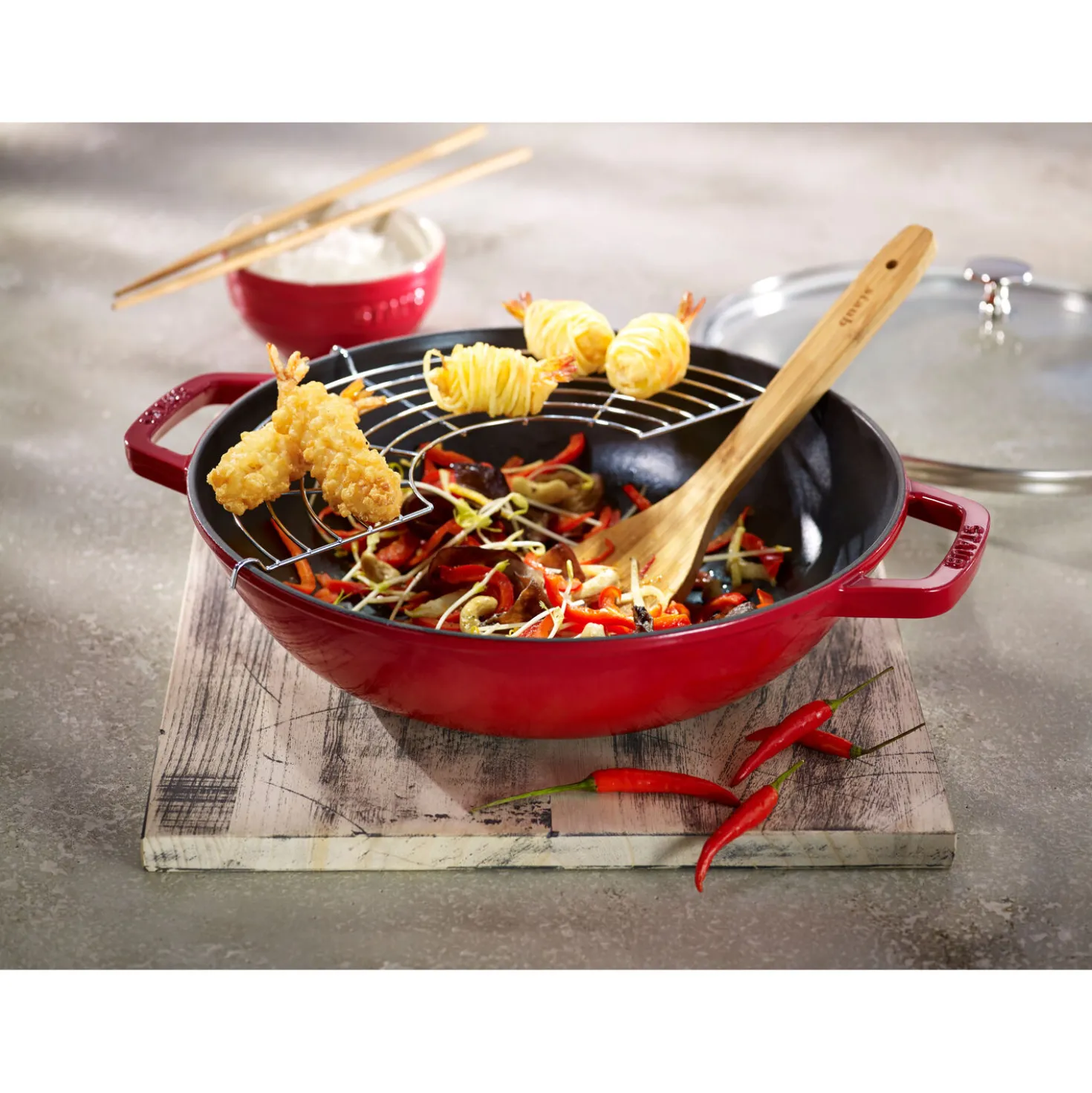 30 cm, Wok avec couvercle en verre, Cerise