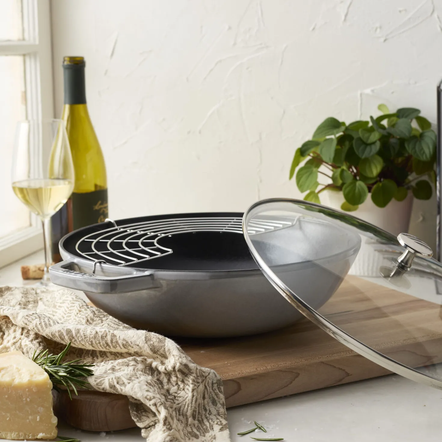 30 cm, Wok avec couvercle en verre, Gris graphite