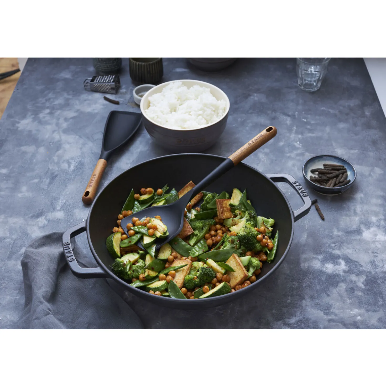 30 cm, Wok avec couvercle en verre, Gris graphite