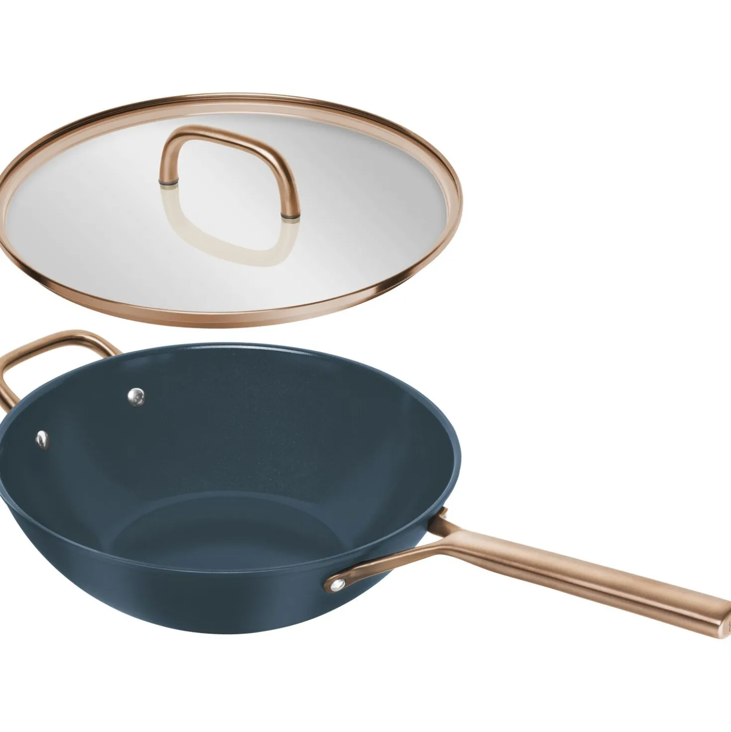 30 cm, Wok avec couvercle en verre, Bleu