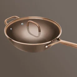30 cm, Wok avec couvercle en verre, Brun