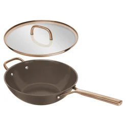 30 cm, Wok avec couvercle en verre, Brun