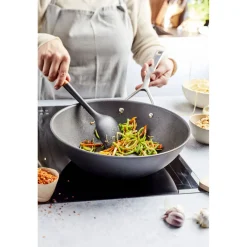 30 cm, Wok fond plat, Noir argenté