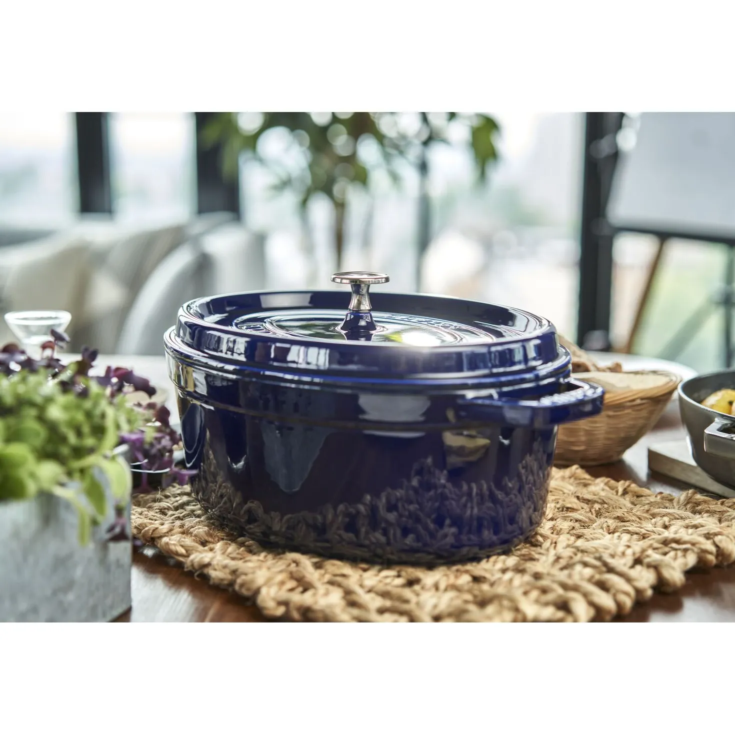 Cocotte 29 cm, Ovale, Bleu intense, Fonte