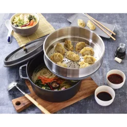 Cocotte avec panier vapeur 26 cm, Rond(e), Noir mat, Fonte