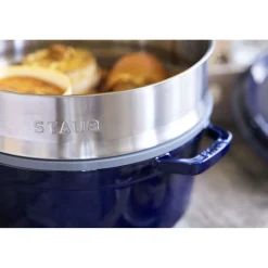 Cocotte avec panier vapeur 26 cm, Rond(e), Bleu intense, Fonte