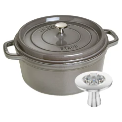 Cocotte et Swarovski bouton, 2-pcs. /28 cm, gris graphite / argent, Fonte / Acier Inoxydable