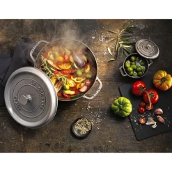 Cocotte et Swarovski bouton, 2-pcs. /28 cm, gris graphite / argent, Fonte / Acier Inoxydable