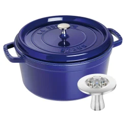 Cocotte et Swarovski bouton, 2-pcs. /28 cm, bleu intense / argent, Fonte / Acier Inoxydable