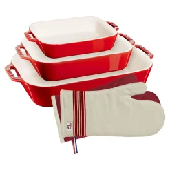 Ensemble de plats à four avecgants de cuisine, 5-pcs. /S/M/L, cerise, Céramique / Coton