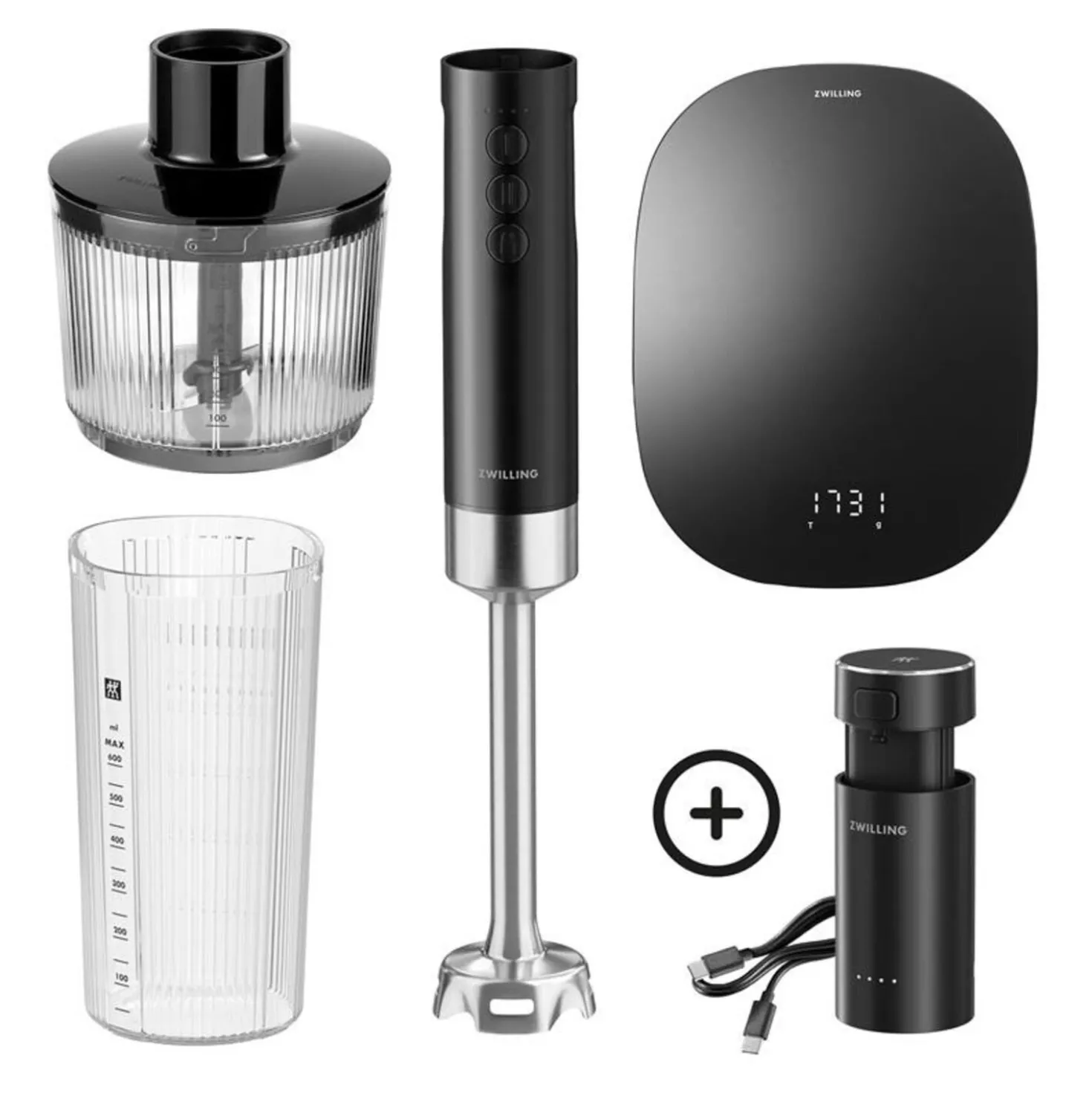 Mixeur plongeant sans fil avec balance digitale et hachoir, 5-pcs, noir