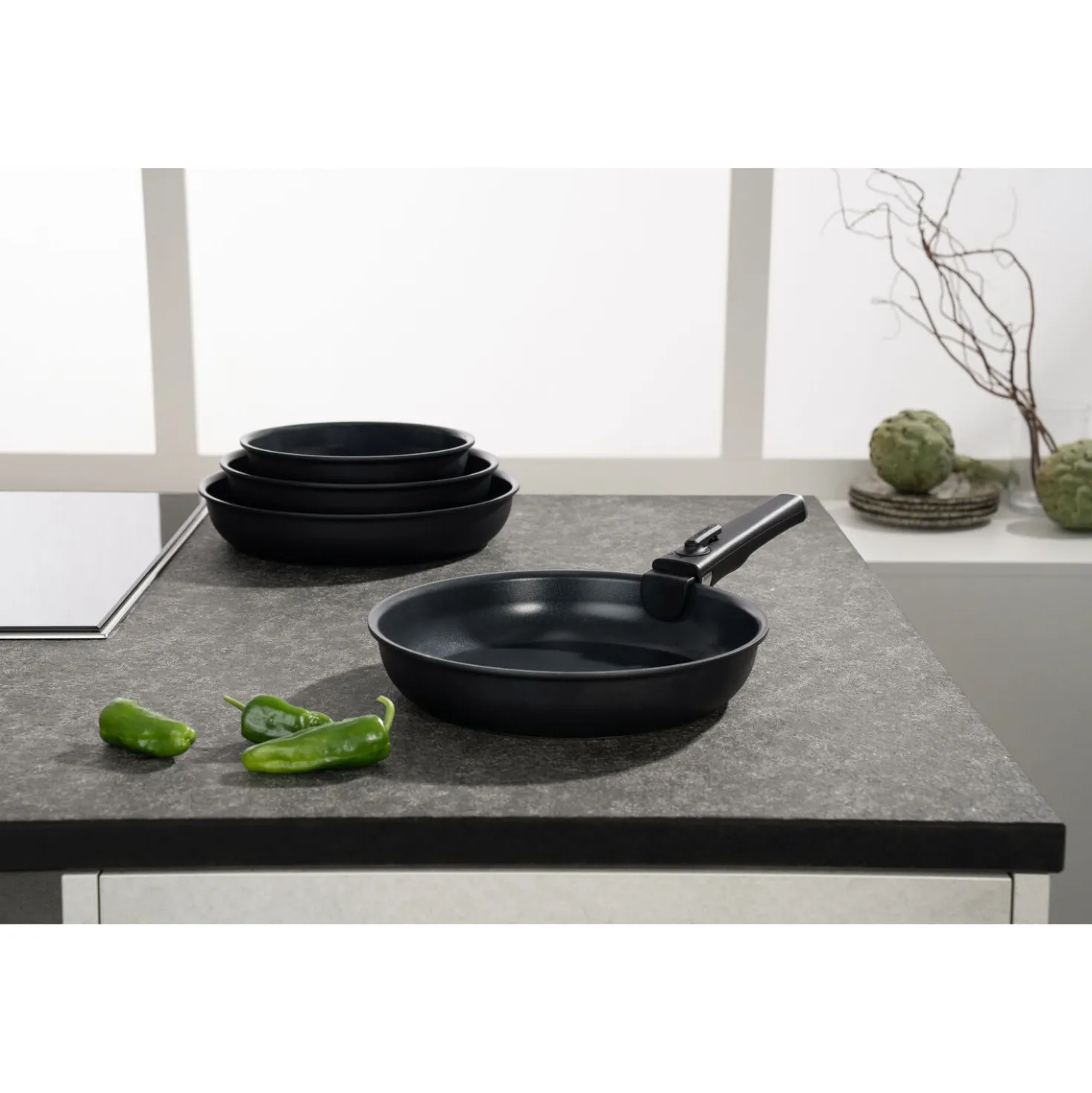 3-pcs, Set de poêles, Noir mat
