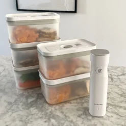 Set bo&icirc;tes sous-vide & pompe, 6-pcs. /M, semi transparent-gris / blanc, Plastique