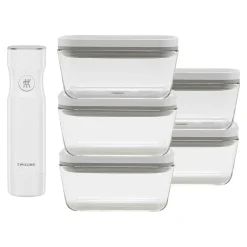 Set bo&icirc;tes sous-vide & pompe, 6-pcs. /M, gris / blanc, Verre / Plastique