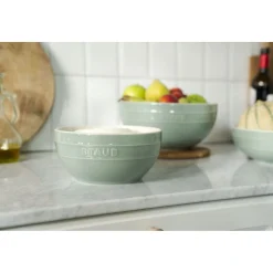 Set de bols avec couvercles sous vide, 4-pcs. /M/L/ 18/24cm, eucalyptus / blanc, Céramique