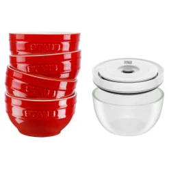 Set de bols avec couvercle, 6-pcs. /S/12 cm, cerise / transparent, Céramique / Verre