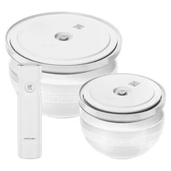 Set de bols avec pompe et couvercles sous vide, 5-pcs. /M/L/ 18/24cm, blanc, Céramique