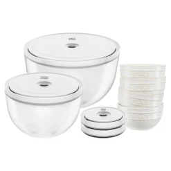 Set de bols sous vide & couvercle, 10-pcs. /S/M/L, blanc ivoire / transparent, Céramique
