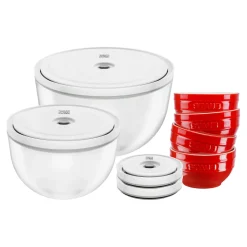 Set de bols sous vide avec couvercle, 10-pcs. /S/M/L, cerise / transparent, Céramique / Verre