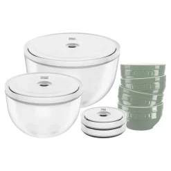 Set de bols sous vide avec couvercle, 10-pcs. /S/M/L, eucalyptus / transparent, Céramique