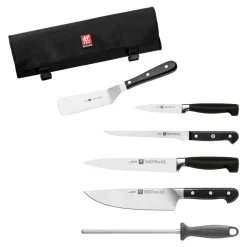 Set de chef couteau avec acier à aiguiser & étui, 7-pcs. /10/13/18/20/23 cm, noir mat, Acier