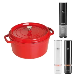 Set de cuisine avec moulins à épices, tire-bouchon et cocotte rouge, 4-pcs.