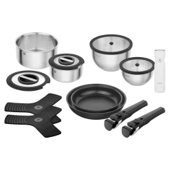 Set de démarrage avec poêles, casseroles, couvercles, poignées, pompe sous vide et accessoires, 15-pcs