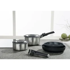 Set de démarrage avec poêles, casseroles, couvercles, poignées, pompe sous vide et accessoires, 15-pcs