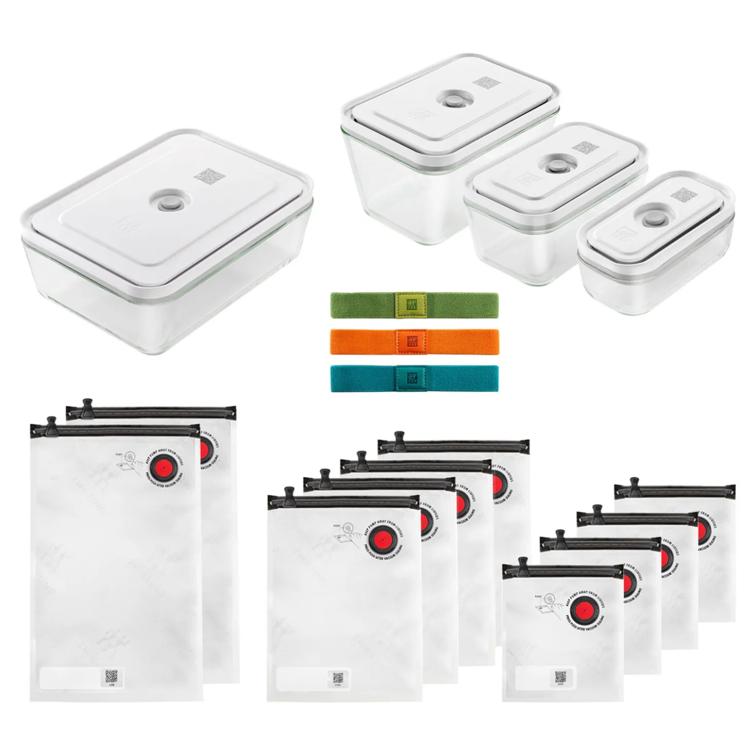 Set sous vide boîtes & accessoires, 17-pcs. /S/M/L, couleurs mélangées, Verre / Plastique