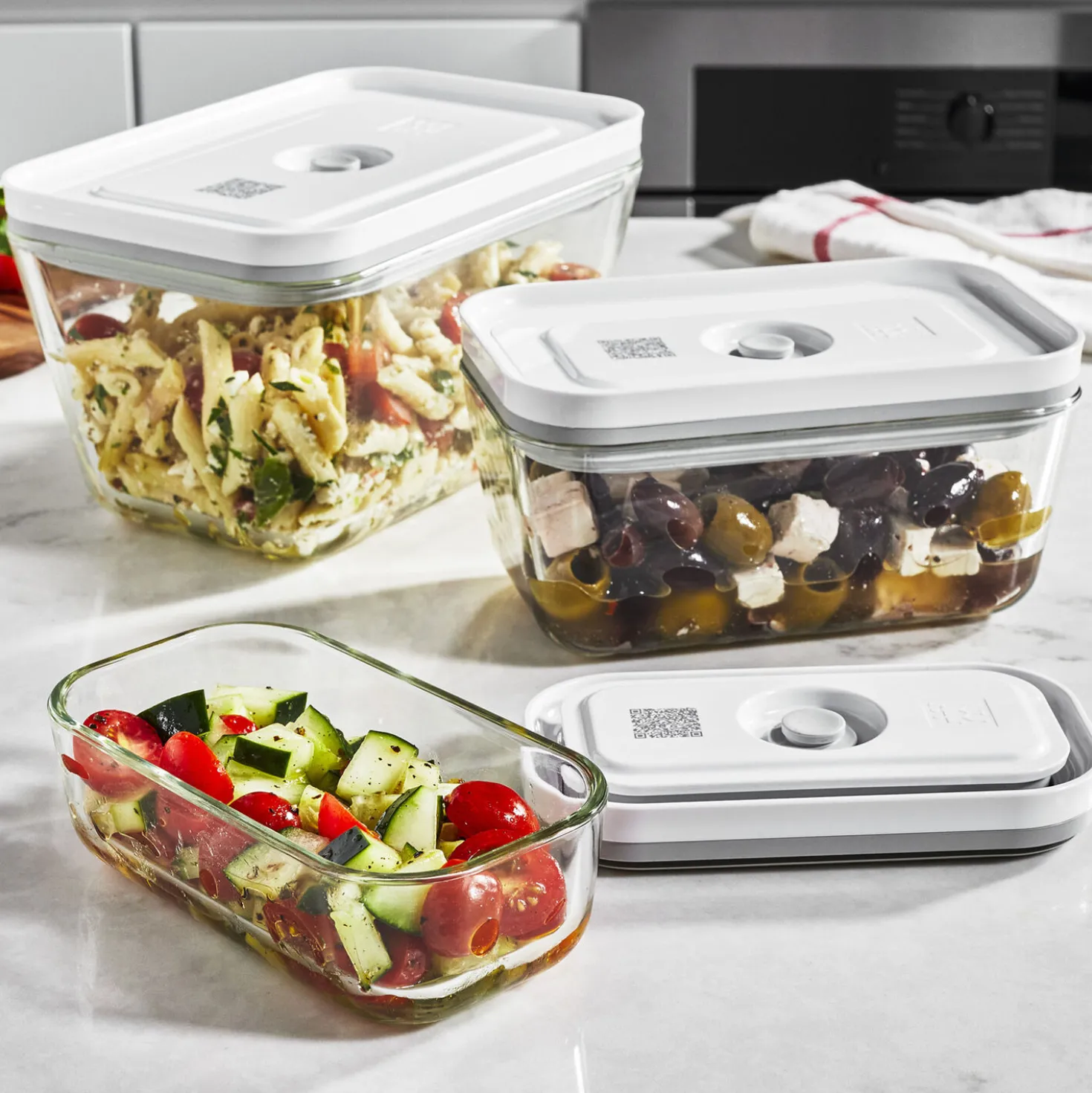Set sous vide boîtes & accessoires, 17-pcs. /S/M/L, couleurs mélangées, Verre / Plastique